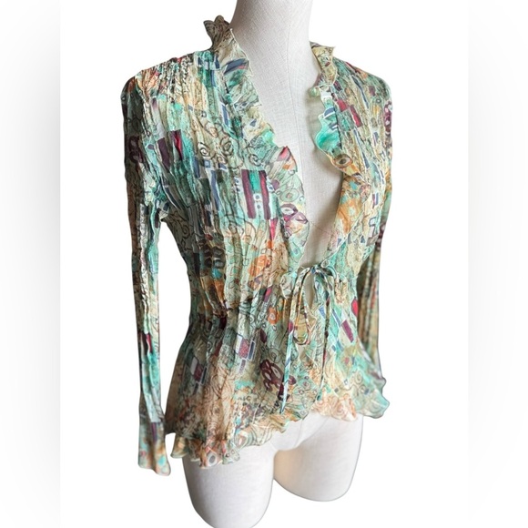Y2K Notations Sheer Whimsical Ruffle Pattern Tie Blouse size Medium - Picture 1 of 4